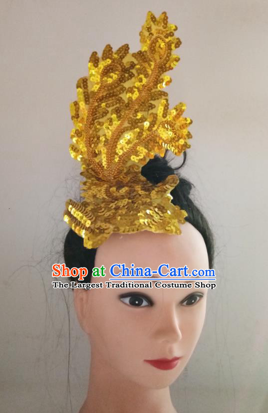 China Yangko Dance Golden Sequins Hair Accessories Traditional Peacock Dance Hair Stick Folk Dance Headpiece