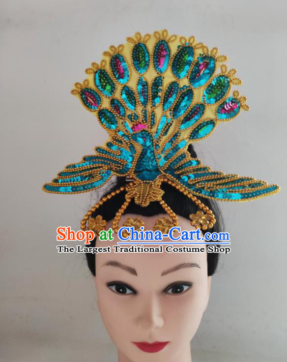 China Folk Dance Blue Sequins Phoenix Headpiece Yangko Dance Hair Accessories Traditional Peacock Dance Hair Stick