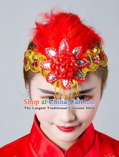 China Folk Dance Red Feather Headband Yangko Dance Hair Clasp Female Group Dance Headpiece Traditional Hair Accessories