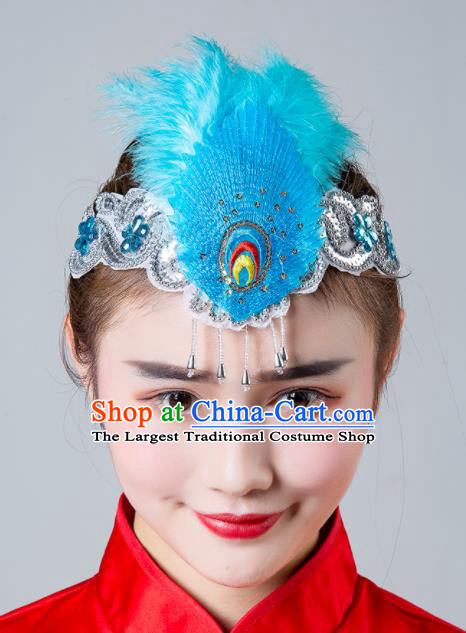 China Female Peacock Dance Headpiece Traditional Hair Accessories Folk Dance Blue Feather Headband Yangko Dance Hair Clasp