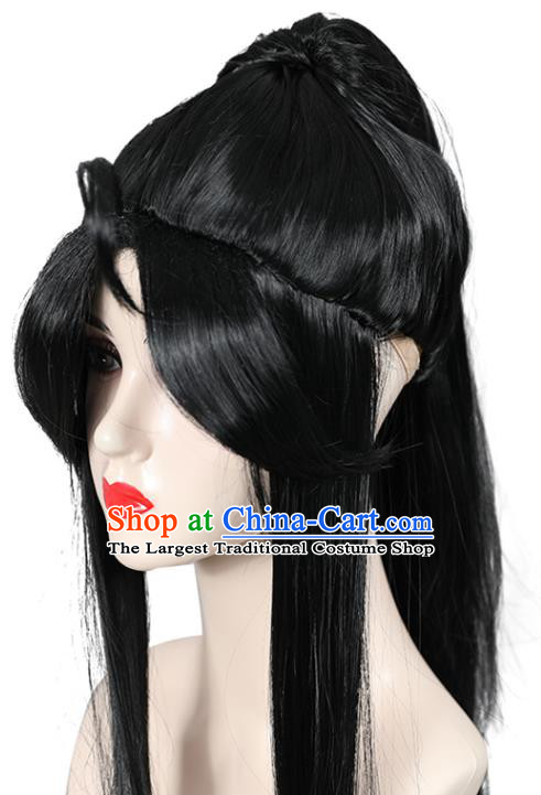 Chinese Ming Dynasty Young Hero Toupee Hairpieces Cosplay Martial Arts Male Black Wigs Ancient Swordsman Headdress
