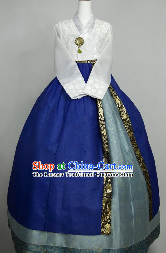 Korean Traditional Festival Clothing Korea Wedding Bride Fashion Costumes Court Hanbok White Blouse and Royalblue Dress