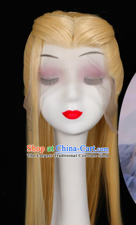 Chinese Ancient Swordsman Headdress Jin Dynasty Prince Toupee Hairpieces Cosplay Cang Lan Jue Dongfang Qingcang Beige Wigs