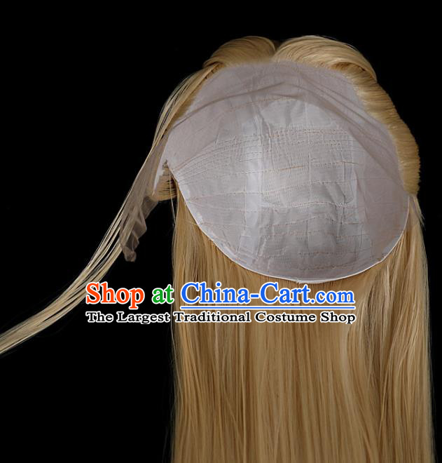 Chinese Ancient Swordsman Headdress Jin Dynasty Prince Toupee Hairpieces Cosplay Cang Lan Jue Dongfang Qingcang Beige Wigs