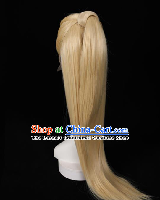 Chinese Ancient Swordsman Headdress Jin Dynasty Prince Toupee Hairpieces Cosplay Cang Lan Jue Dongfang Qingcang Beige Wigs