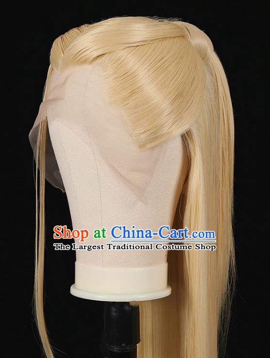 Chinese Ancient Swordsman Headdress Jin Dynasty Prince Toupee Hairpieces Cosplay Cang Lan Jue Dongfang Qingcang Beige Wigs