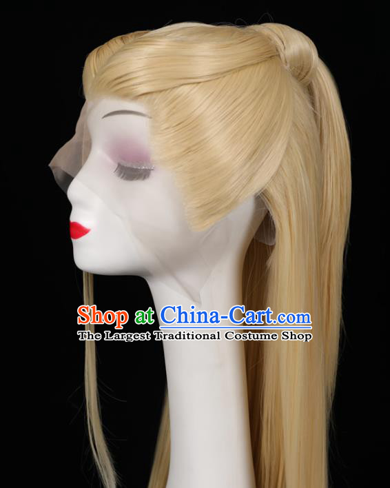 Chinese Ancient Swordsman Headdress Jin Dynasty Prince Toupee Hairpieces Cosplay Cang Lan Jue Dongfang Qingcang Beige Wigs