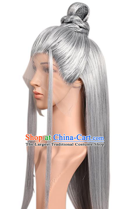 Chinese Cosplay Drama Swords of Legends Grey Wigs Ancient Swordsman Headdress Jin Dynasty Taoist Priest Toupee Hairpieces