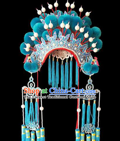 Chinese Traditional Opera Actress Blue Pompon Helmet Headdress Peking Opera Wedding Hair Accessories Beijing Opera Hua Tan Hat