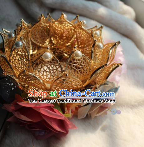 China Song Dynasty Imperial Consort Flower Hairpin Traditional Hanfu Hair Accessories Ancient Court Woman Golden Lotus Hair Crown