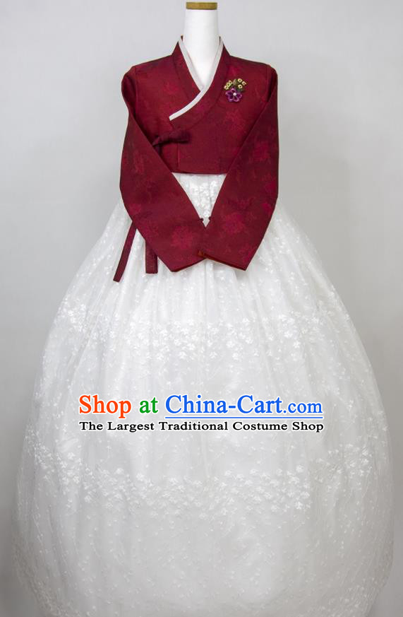 Korea Classical Wedding Fashion Costumes Young Woman Hanbok Wine Red Blouse and White Dress Korean Traditional Court Bride Clothing