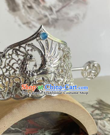 Chinese Ancient Noble Childe Headpieces Traditional Tang Dynasty Swordsman Argent Hair Crown and Hairpin