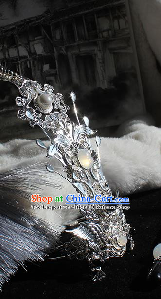 Chinese Ancient Royal Prince Headpieces Traditional Jin Dynasty Swordsman Argent Hair Crown and Tassel Hairpin