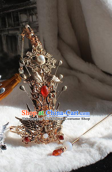 Chinese Ancient Young King Headpieces Traditional Jin Dynasty Royal Prince Golden Tassel Hair Crown and Hairpin