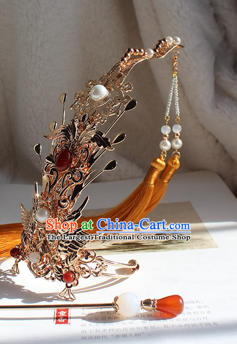 Chinese Ancient Young King Headpieces Traditional Jin Dynasty Royal Prince Golden Tassel Hair Crown and Hairpin