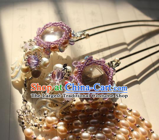 China Song Dynasty Princess Hairpin Traditional Hanfu Hair Accessories Ancient Palace Lady Pearls Tassel Hair Stick