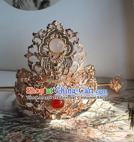 Chinese Ancient Noble Prince Headpieces Traditional Tang Dynasty Swordsman Golden Hair Crown and Hairpin