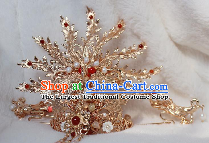 China Ming Dynasty Empress Phoenix Coronet Traditional Hanfu Wedding Hair Accessories Ancient Bride Golden Hair Crown