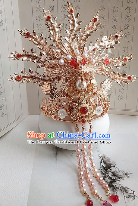 China Ming Dynasty Empress Phoenix Coronet Traditional Hanfu Wedding Hair Accessories Ancient Bride Golden Hair Crown