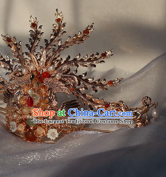 China Ming Dynasty Empress Phoenix Coronet Traditional Hanfu Wedding Hair Accessories Ancient Bride Golden Hair Crown