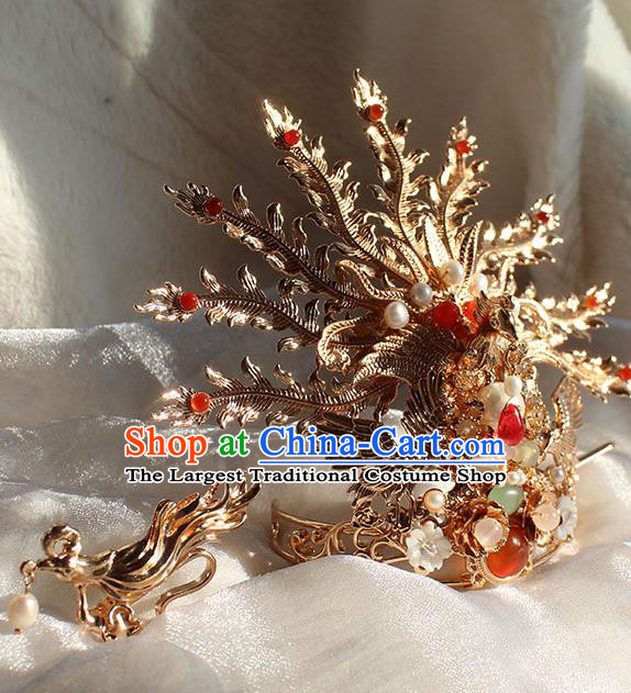 China Ming Dynasty Empress Phoenix Coronet Traditional Hanfu Wedding Hair Accessories Ancient Bride Golden Hair Crown