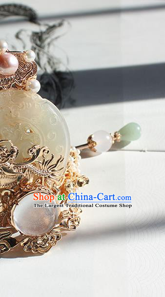 Chinese Traditional Ming Dynasty Imperial Guards Jade Hair Crown and Golden Hairpin Ancient Royal Prince Headpieces