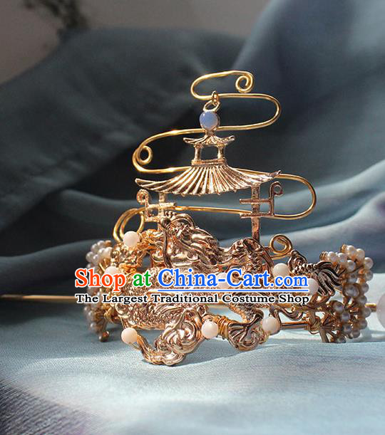 Chinese Traditional Ming Dynasty Emperor Crown and Dragon Hairpin Ancient Royal Prince Golden Headpieces