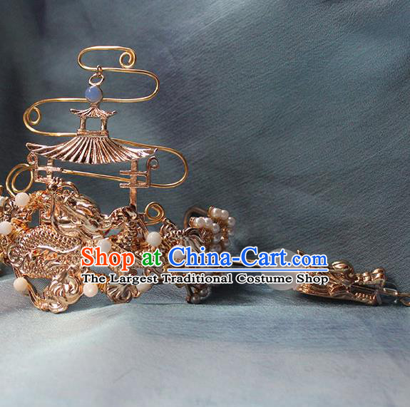 Chinese Traditional Ming Dynasty Empress Hair Crown and Dragon Hairpin Ancient Royal Prince Golden Headpieces