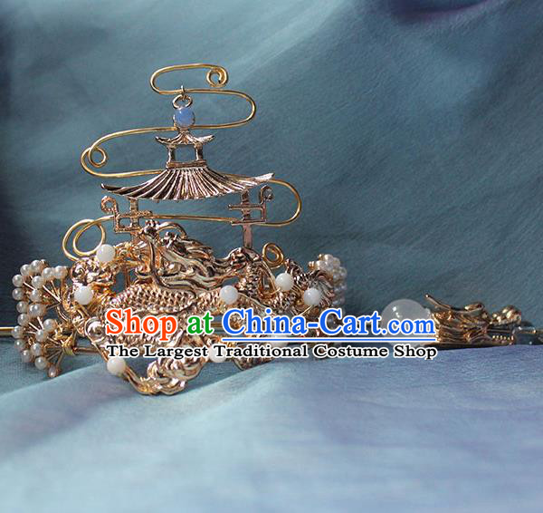 Chinese Traditional Ming Dynasty Empress Hair Crown and Dragon Hairpin Ancient Royal Prince Golden Headpieces