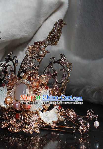 Chinese Ancient Royal King Headpieces Traditional Jin Dynasty Prince Golden Hair Crown and Long Tassel Hairpins