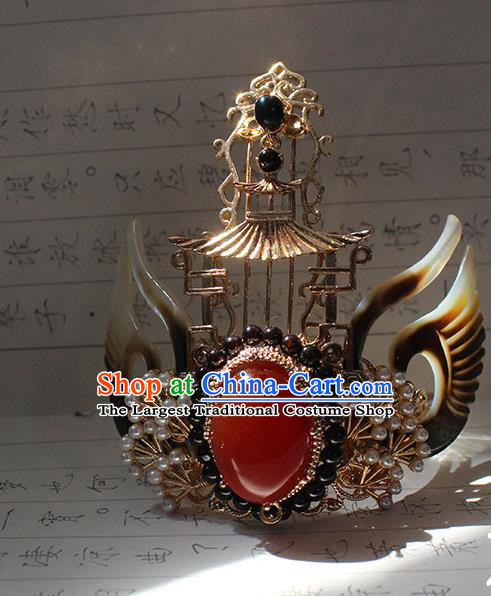 Chinese Traditional Jin Dynasty Emperor Shell Wings Hair Crown and Hairpin Ancient Dragon Prince Agate Headpieces