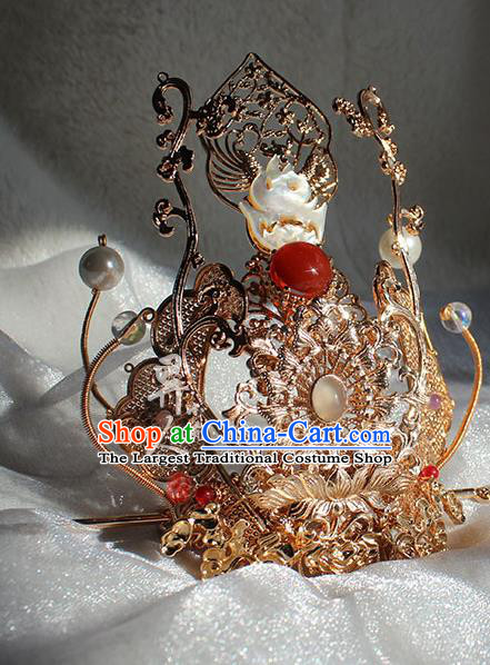 Chinese Ancient Prince Agate Headpieces Traditional Ming Dynasty Royal Highness Golden Lotus Hair Crown and Hairpin