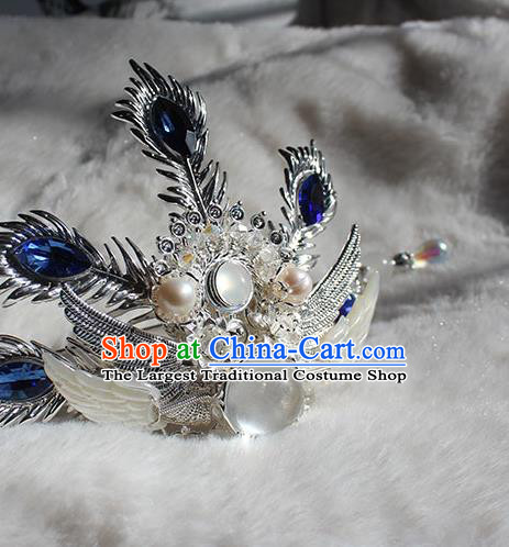Chinese Ancient Swordsman Blue Crystal Headpieces Traditional Ming Dynasty Royal Highness Argent Hair Crown and Hairpin