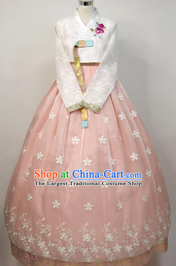 Korea Young Lady Classical Hanbok White Blouse and Pink Dress Traditional Wedding Clothing Korean Bride Fashion Costumes