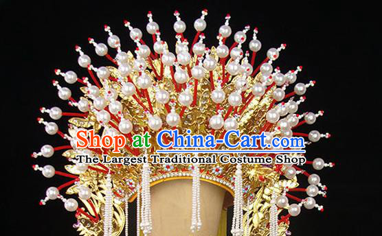 Chinese Beijing Opera Empress Golden Hat Traditional Opera Imperial Consort Pearls Phoenix Coronet Peking Opera Hua Tan Headdress