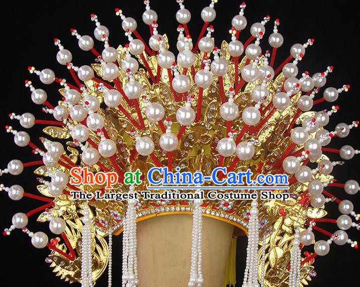 Chinese Beijing Opera Empress Golden Hat Traditional Opera Imperial Consort Pearls Phoenix Coronet Peking Opera Hua Tan Headdress