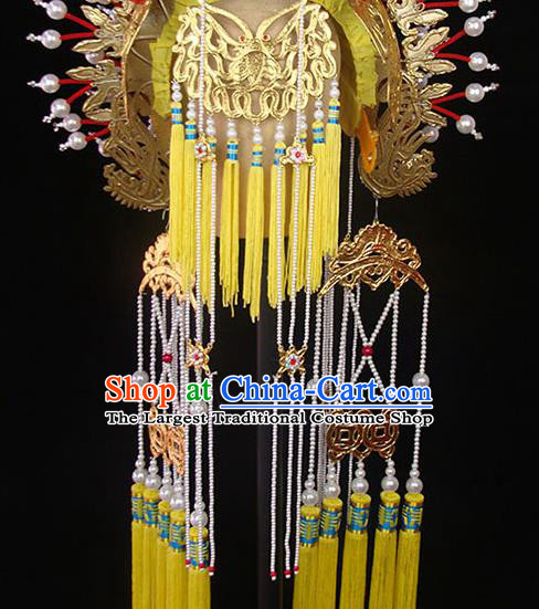 Chinese Beijing Opera Empress Golden Hat Traditional Opera Imperial Consort Pearls Phoenix Coronet Peking Opera Hua Tan Headdress