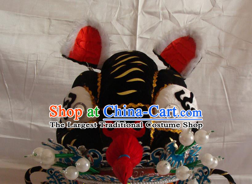 China Opera Performance Warrior Headwear Traditional Peking Opera Takefu Black Tiger Helmet Beijing Opera Wusheng Hat