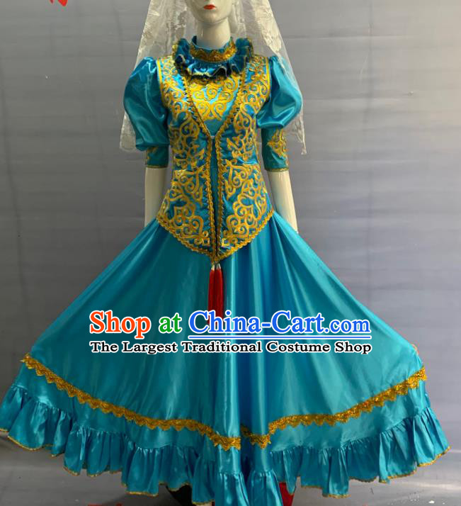 Chinese Tatar Nationality Wedding Clothing Minority Folk Dance Blue Dress Uniforms Xinjiang Ethnic Bride Garment Costume