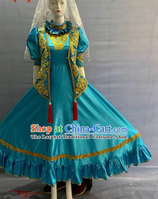 Chinese Tatar Nationality Wedding Clothing Minority Folk Dance Blue Dress Uniforms Xinjiang Ethnic Bride Garment Costume