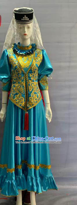 Chinese Tatar Nationality Wedding Clothing Minority Folk Dance Blue Dress Uniforms Xinjiang Ethnic Bride Garment Costume