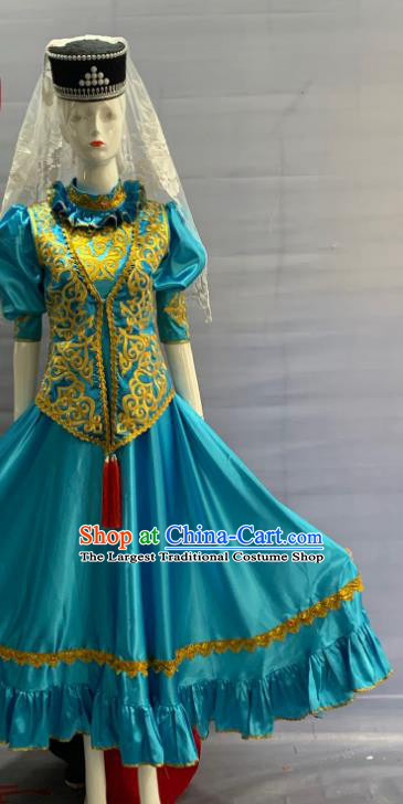 Chinese Tatar Nationality Wedding Clothing Minority Folk Dance Blue Dress Uniforms Xinjiang Ethnic Bride Garment Costume