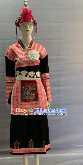 Chinese Guangdong Ethnic Female Garment Costume Traditional She Nationality Clothing Minority Festival Folk Dance Dress Uniforms and Silver Headpieces
