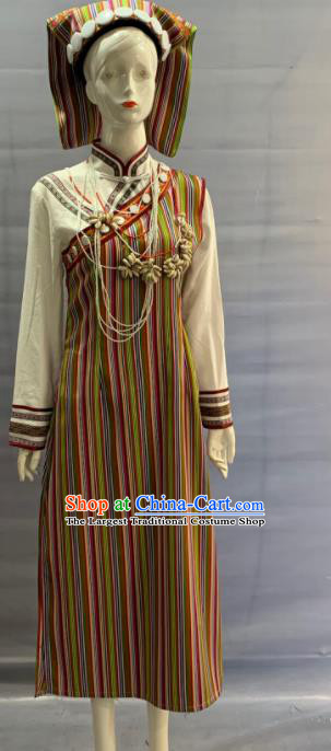 Chinese Yunnan Ethnic Female Garment Costume Traditional Drung Nationality Bride Clothing Tulung Minority Festival Folk Dance Dress and Headwear