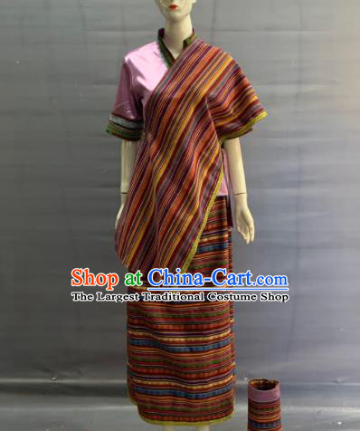 Chinese Xizang Ethnic Female Garment Costume Traditional Moinba Nationality Festival Clothing Manba Minority Folk Dance Uniforms and Hat