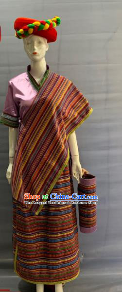 Chinese Xizang Ethnic Female Garment Costume Traditional Moinba Nationality Festival Clothing Manba Minority Folk Dance Uniforms and Hat
