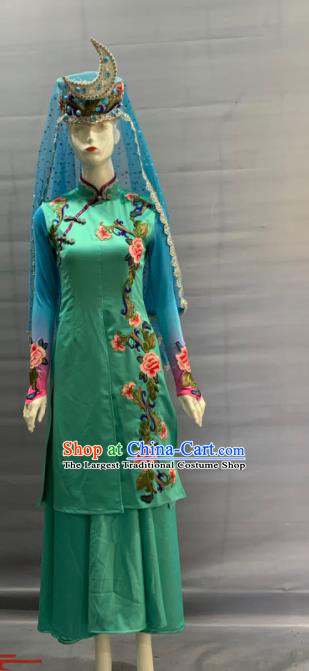 Chinese Traditional Hui Nationality Wedding Clothing Uyghur Minority Folk Dance Green Dress Uniforms Xinjiang Ethnic Bride Garment Costume and Hat