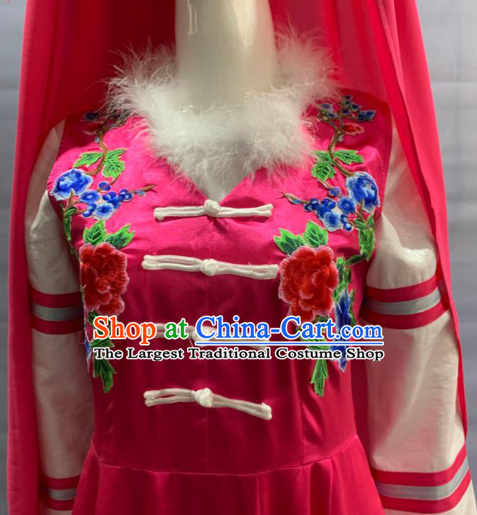 Chinese Traditional Xibe Nationality Clothing Sibe Minority Folk Dance Rosy Dress Uniforms Xinjiang Ethnic Bride Garment Costume and Headdress