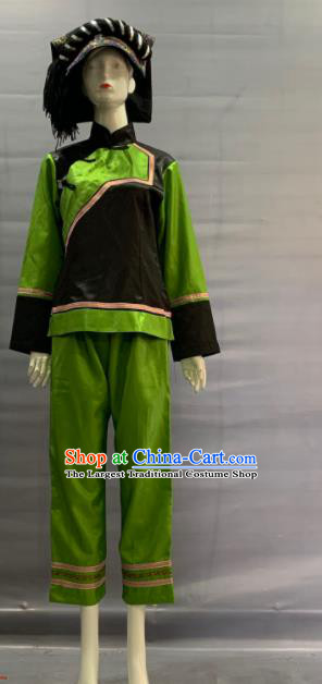 Chinese Traditional Gelo Nationality Clothing Kelao Minority Folk Dance Green Uniforms Guizhou Ethnic Woman Garment Costume and Hat