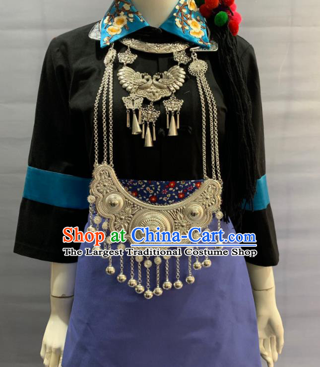 Chinese Achang Nationality Clothing Minority Folk Dance Black Dress Uniforms Yunnan Ethnic Torch Festival Garment Costume and Headwear